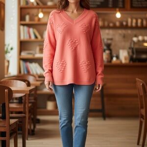 🌸 Dark Pink Heart Sweater – Women’s Small V-Neck Knit Pullover